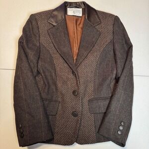Vtg Academia Granola Girl Brown Tweed Wool Blazer Jacket Leather Collar Size 5/6